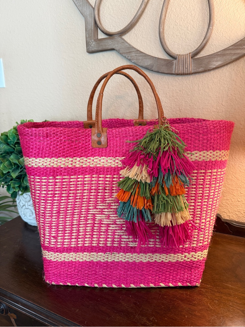 Mar Y Sol “Sahara” Tote Hot Pink Woven Straw with Multicolor Tassel